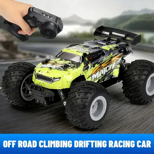 High-speed remote control car in action off-road, showcasing durable design and responsive controls for racing fun.
