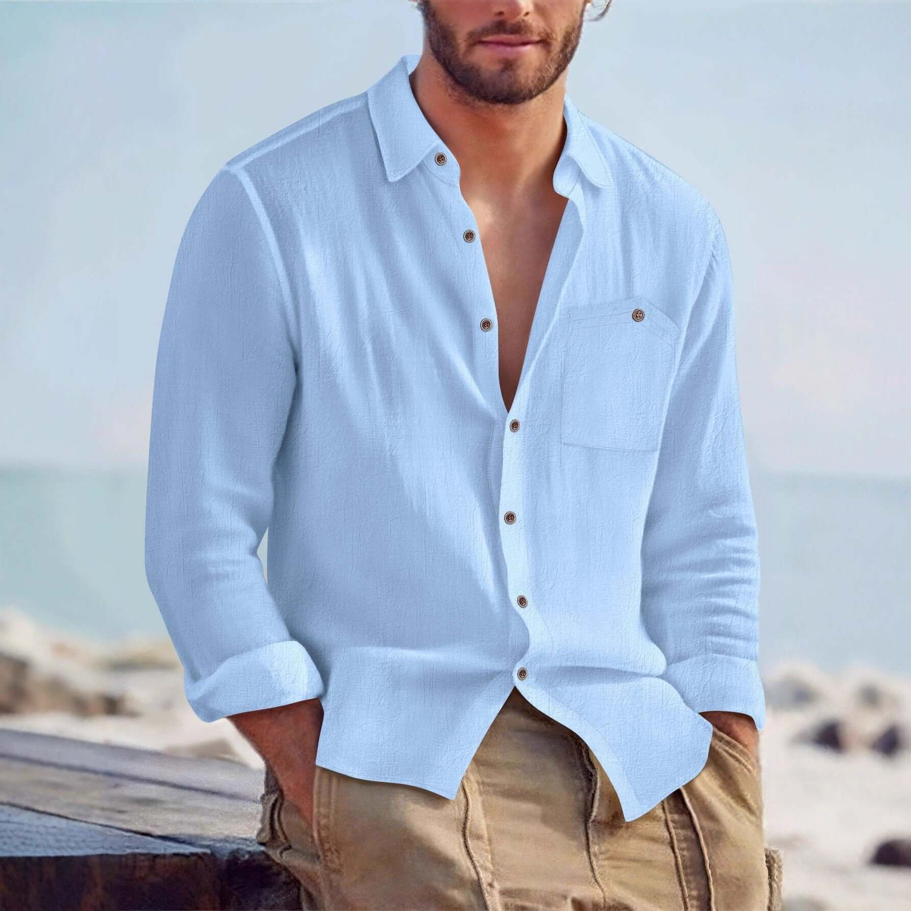 Men's Linen Blend Long-Sleeve Cardigan Shirt – Open Front in 7 Colours - All you Need
