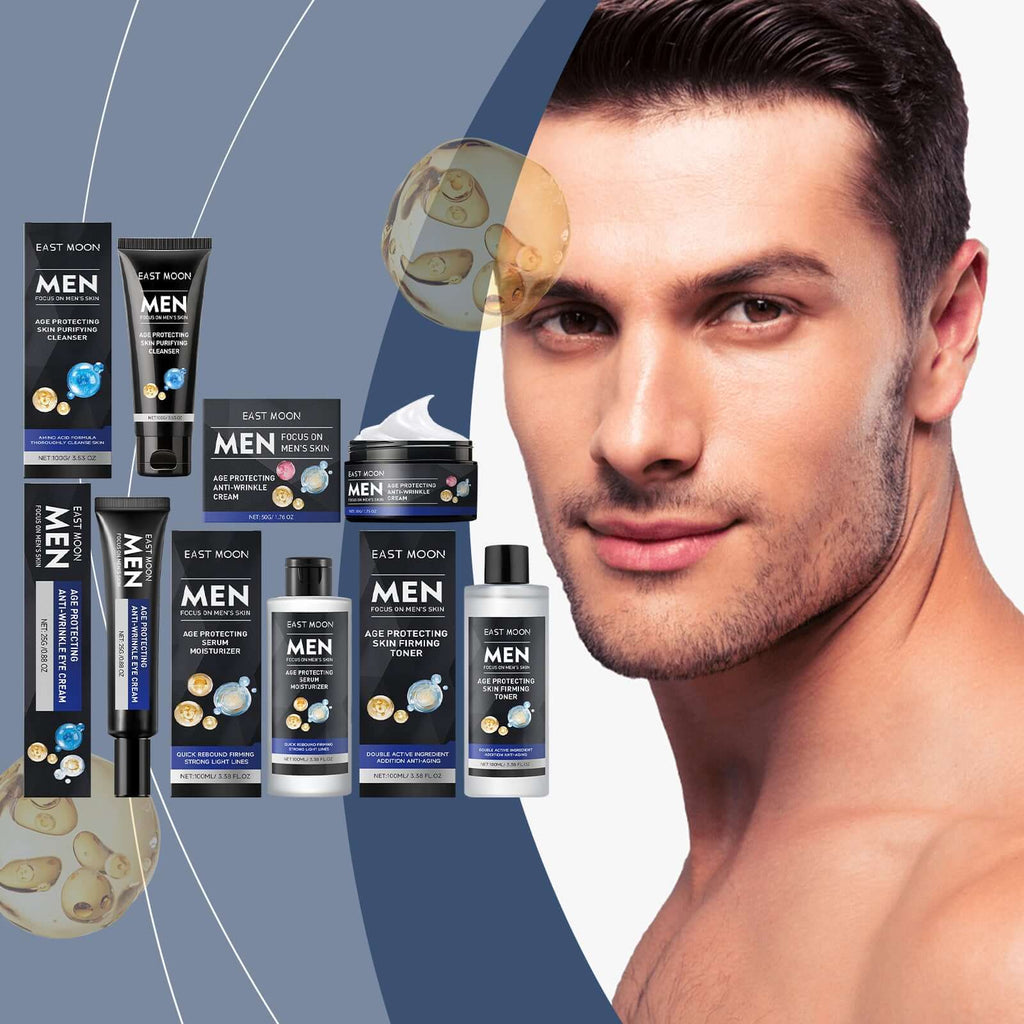 Men's deep cleansing face treatment products displayed with a man showcasing healthy skin.
