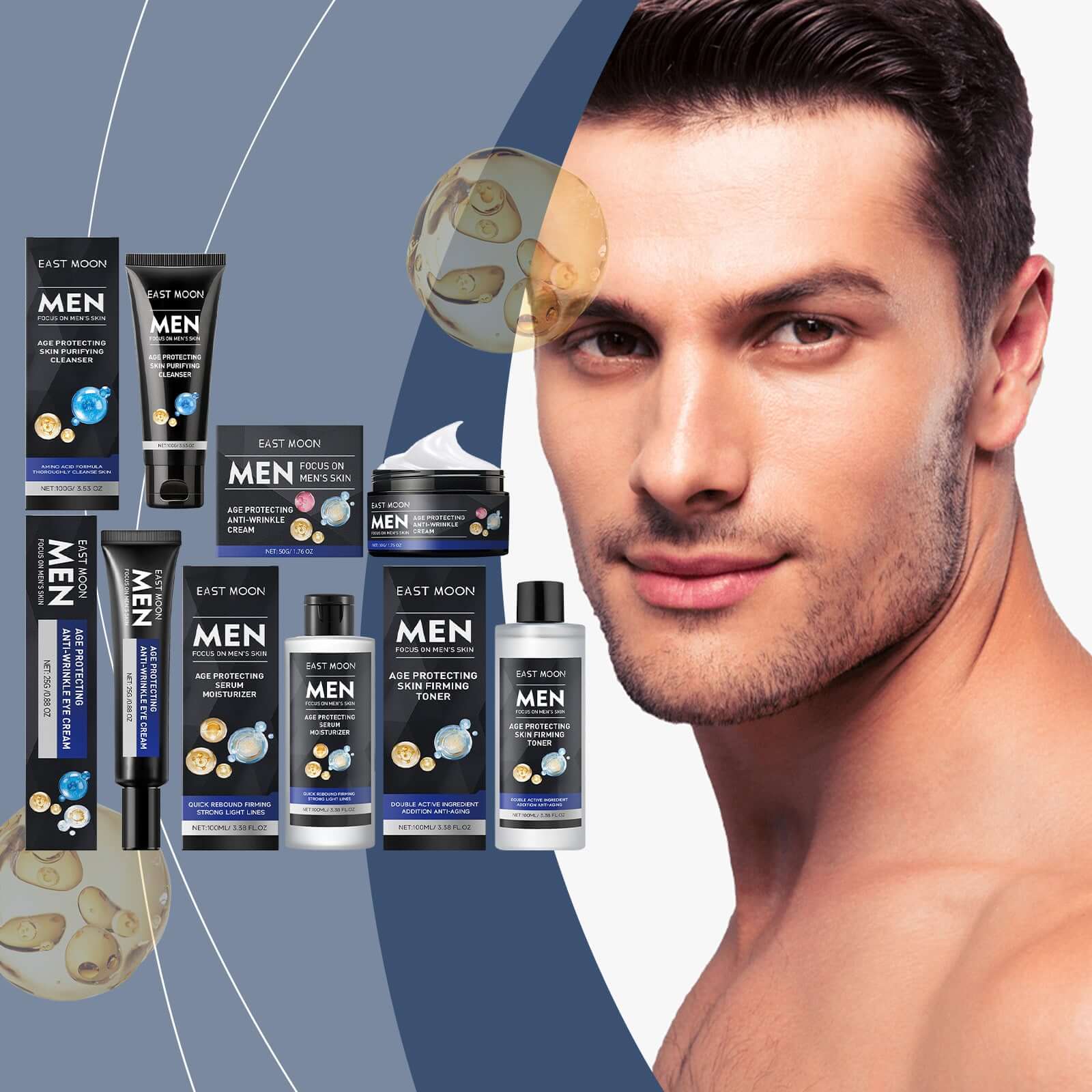 Men's deep cleansing face treatment products displayed with a man showcasing healthy skin.