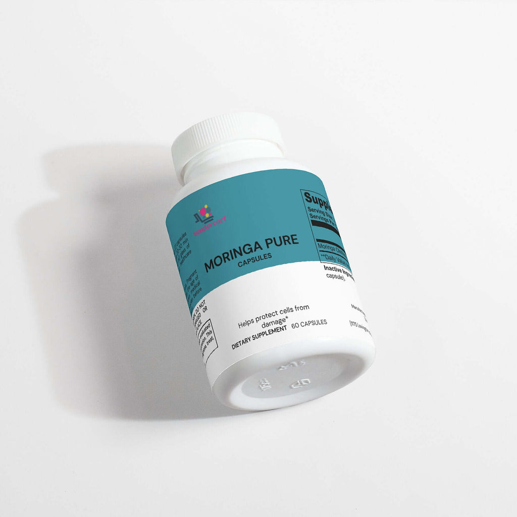 Moringa Pure Nutrient Supplement bottle showcasing natural superfood for energy and wellness.