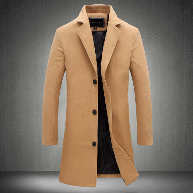 Business woolen overcoat in beige, tailored design for men, perfect for autumn and winter formal occasions.