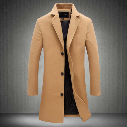 Business woolen overcoat in beige, tailored design for men, perfect for autumn and winter formal occasions.