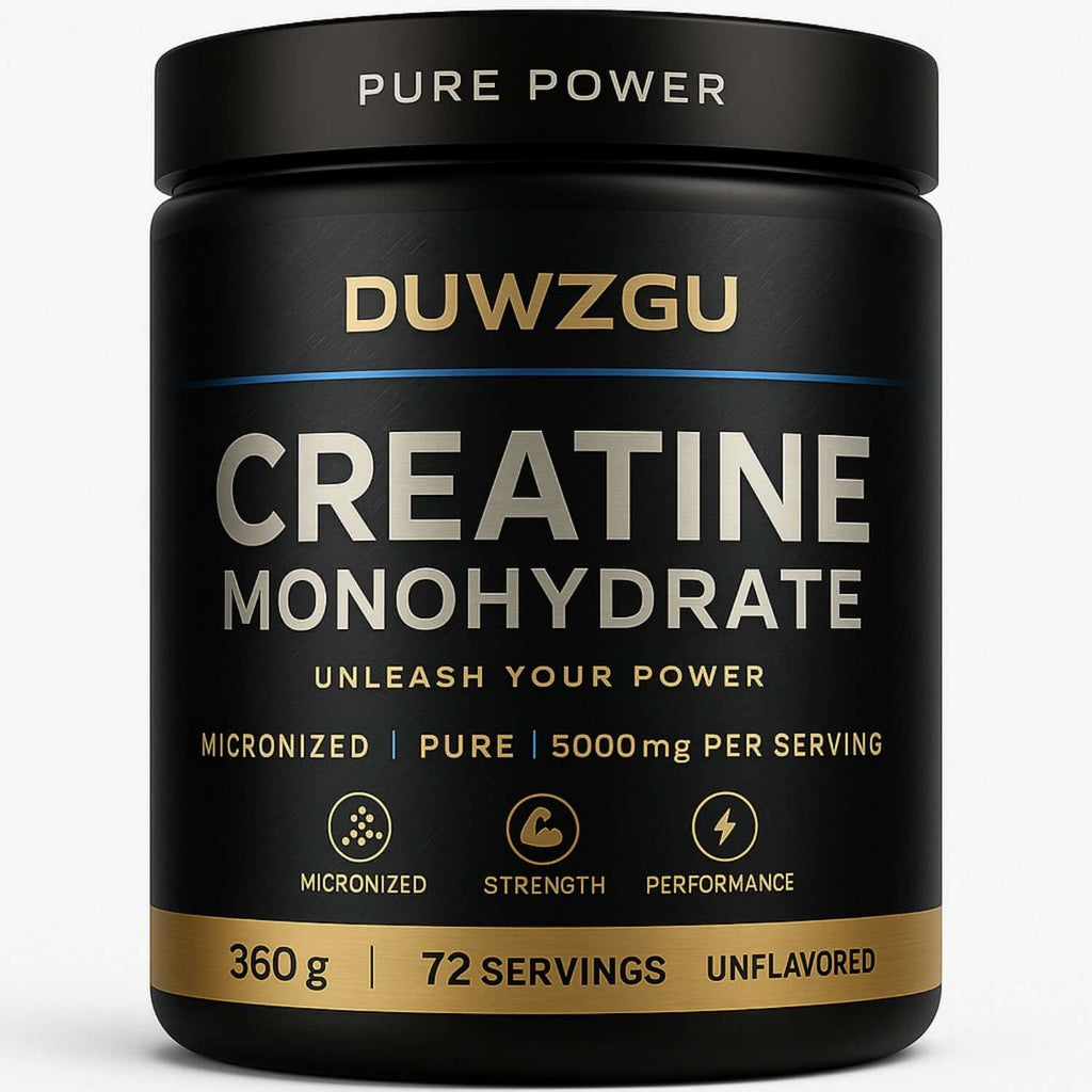 Pure creatine powder for muscle growth in a black container with 5000mg per serving.