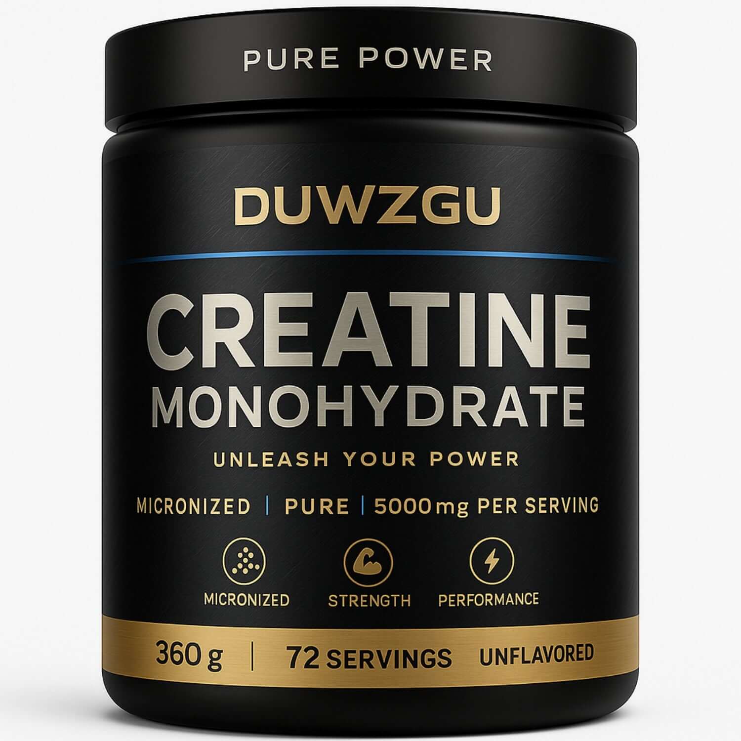 Pure creatine powder for muscle growth in a black container with 5000mg per serving.