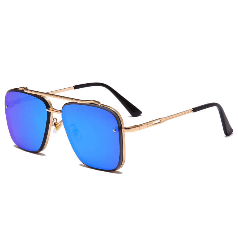 Metal vintage sunglasses with blue film lenses and gold metal frame, showcasing stylish retro design.