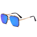 Metal vintage sunglasses with blue film lenses and gold metal frame, showcasing stylish retro design.