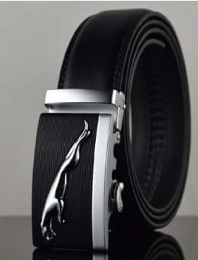 Buckle leather belts showcasing a black design with a sleek silver buckle featuring a running animal silhouette.