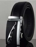 Buckle leather belts showcasing a black design with a sleek silver buckle featuring a running animal silhouette.