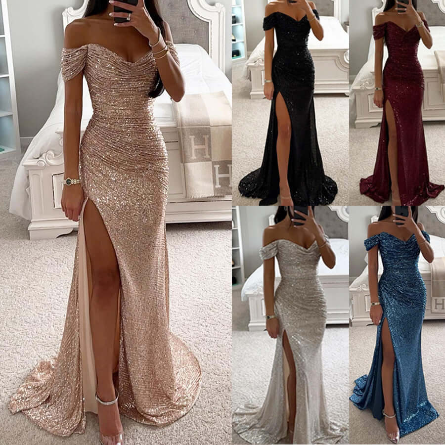 Charming slimming fashion dress in various colors including wine red, black, silver, peacock blue, and Champagne.