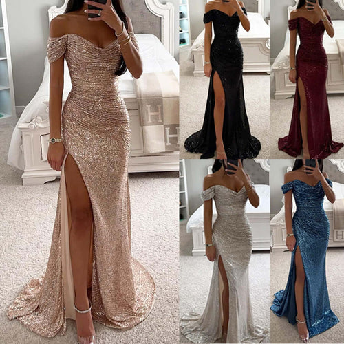 Charming slimming fashion dress in various colors including wine red, black, silver, peacock blue, and Champagne.