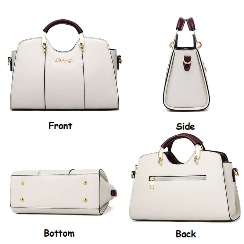 Stylish women's handbag shoulder bag showing front, side, bottom, and back views in elegant design.