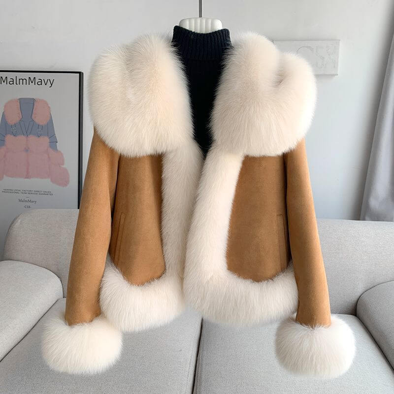 Stylish winter fur coat featuring a chic design with a luxurious fur collar and cuffs, perfect for women's winter fashion.