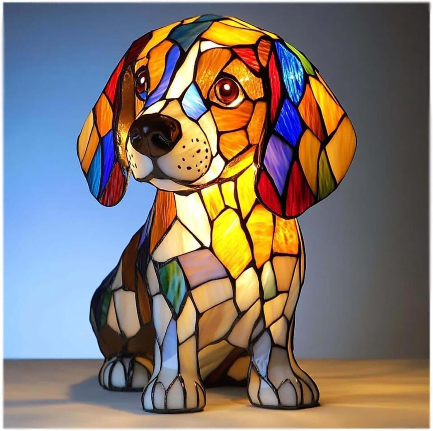 Cute dog lamp decoration in stained glass, handcrafted night light, perfect for home decor and pet lovers.