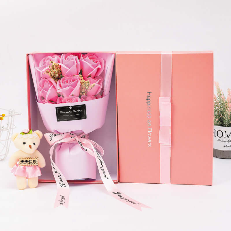 luxury floral gift bouquet in a pink gift box with teddy bear for special occasions
