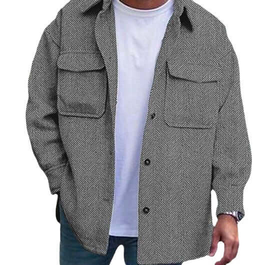 Men's polo collar work coat in a stylish herringbone pattern, featuring long sleeves and a buttoned front.