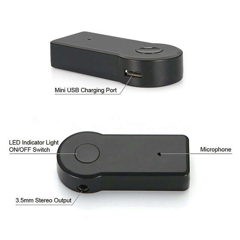 Bluetooth music receiver features mini USB charging port, LED indicator, ON/OFF switch, microphone, and 3.5mm stereo output.