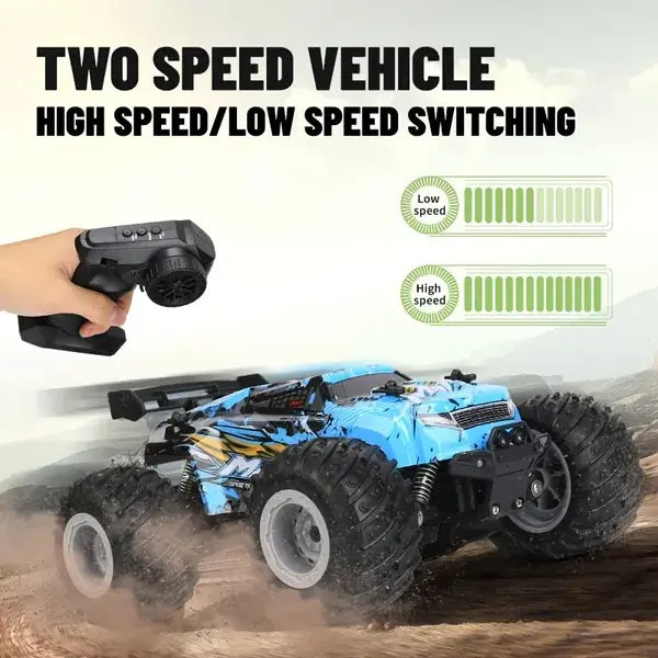 High-speed remote control car with two-speed vehicle switch for responsive driving performance.