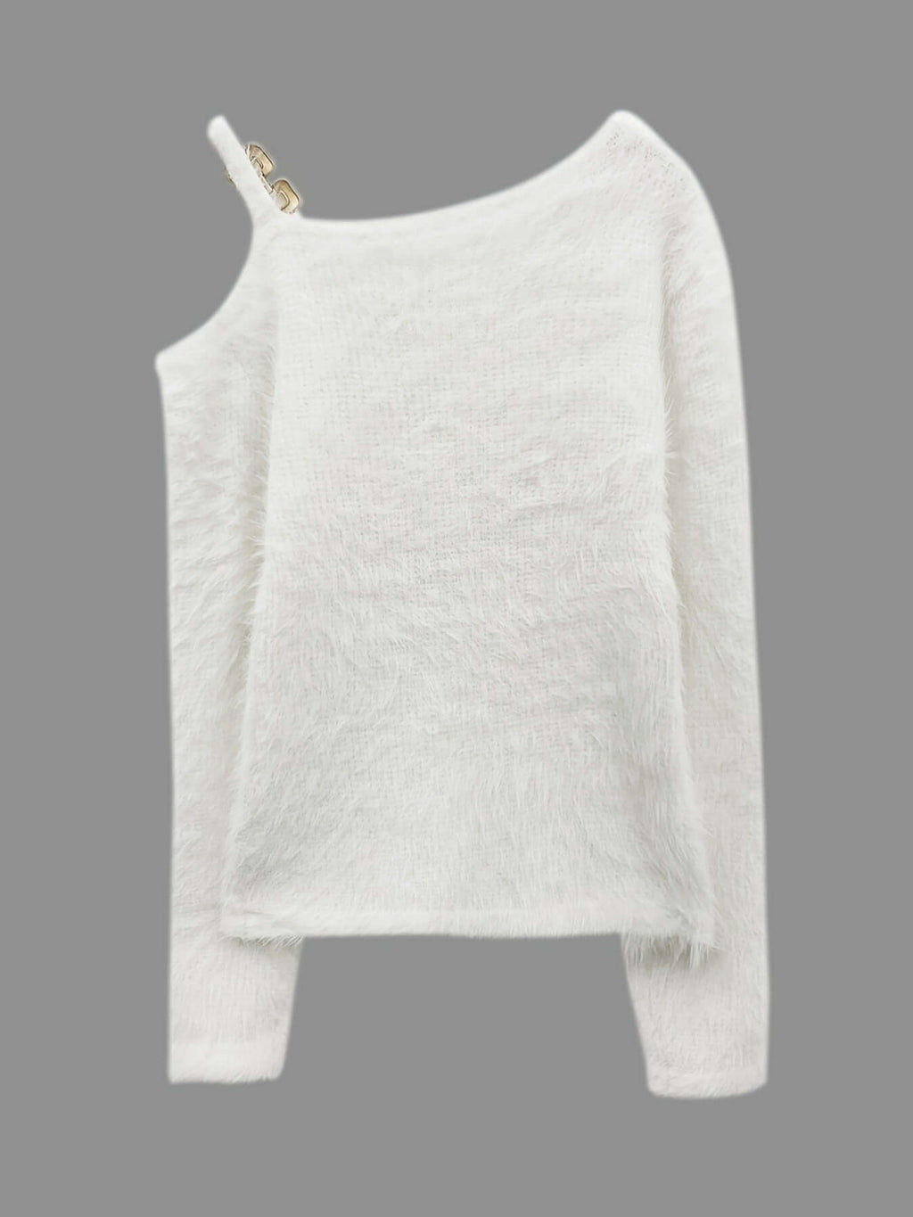FallWinter Women's Sweater in white with oblique shoulder style and metal decoration.