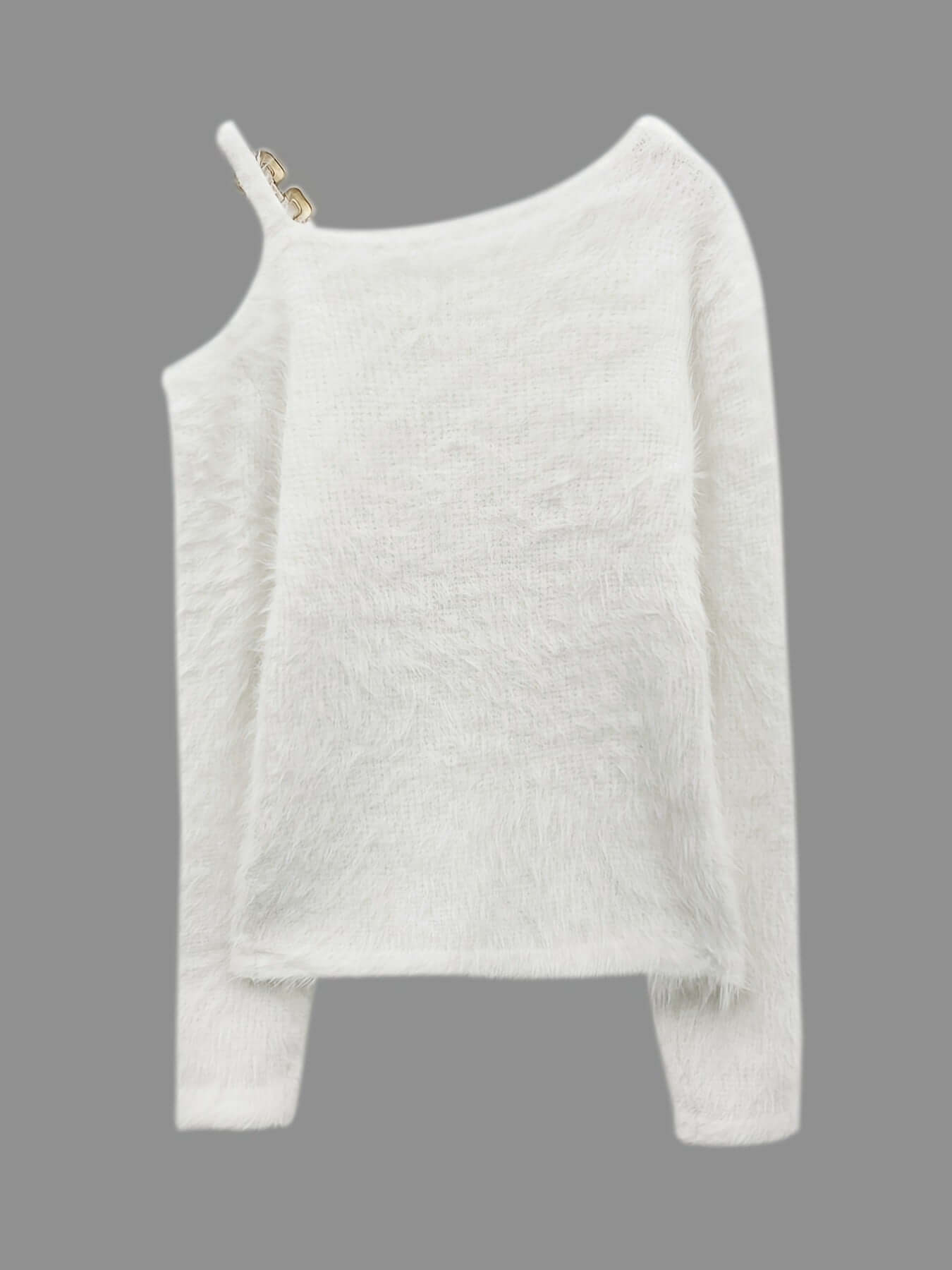 FallWinter Women's Sweater in white with oblique shoulder style and metal decoration.