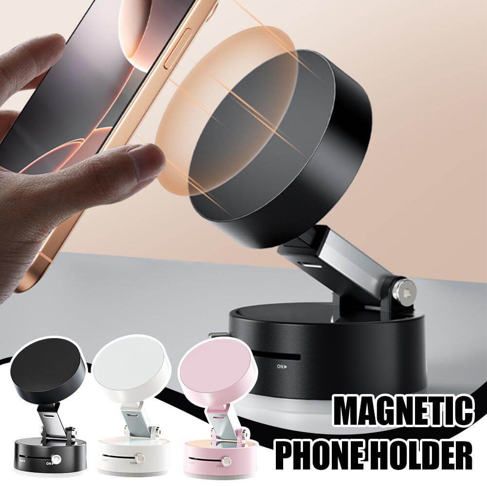 Magnetic phone holder showing black, white, and pink options with smartphone being attached.