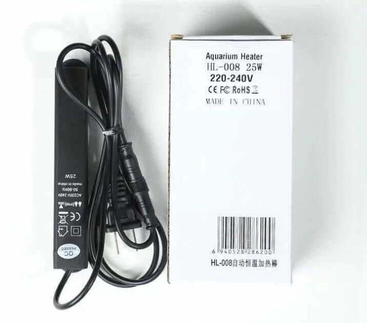 Aquarium heater HL-008 25W 220-240V with power cord and packaging for fish tank use.