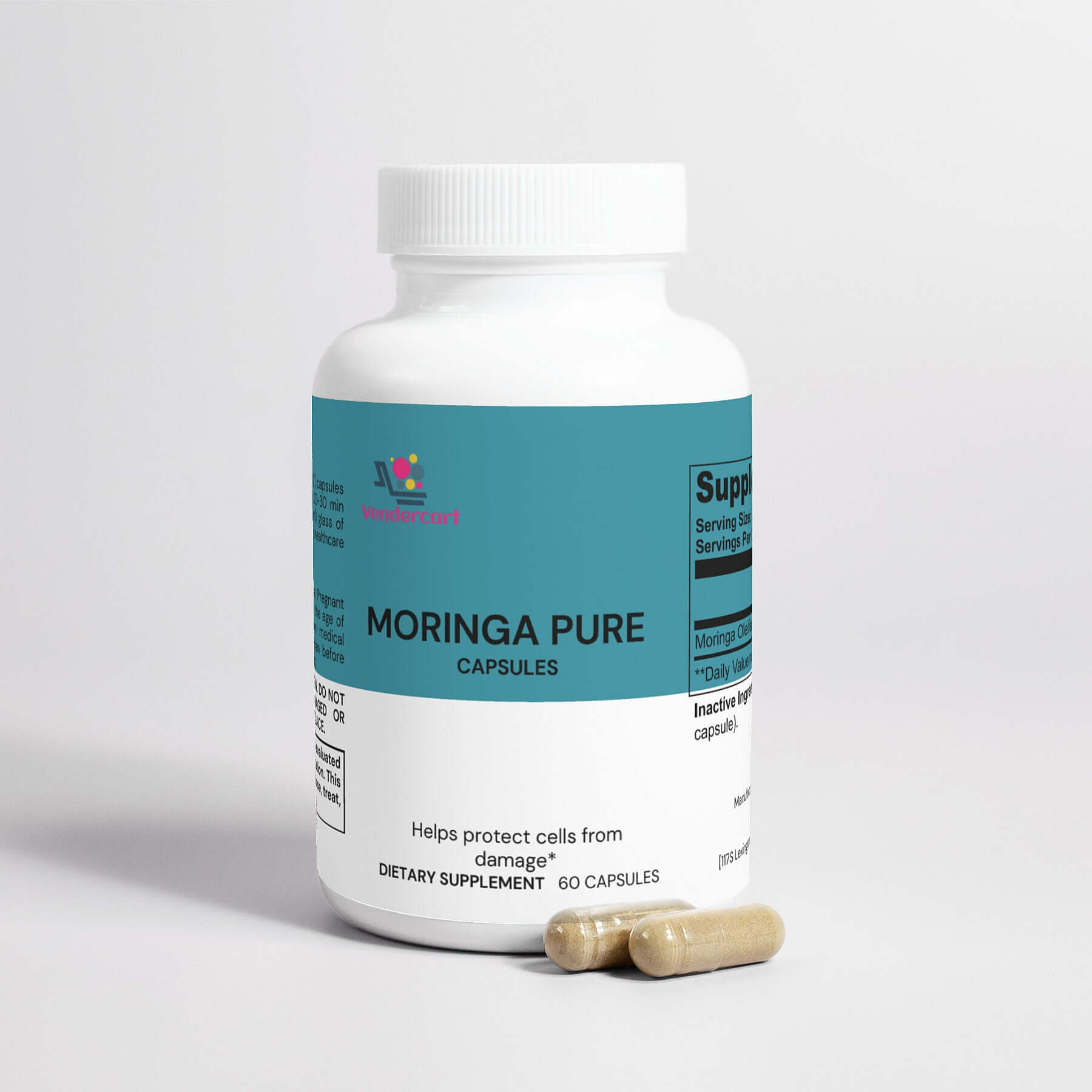 Moringa nutrient supplement bottle with capsules, a natural superfood for energy and wellness.