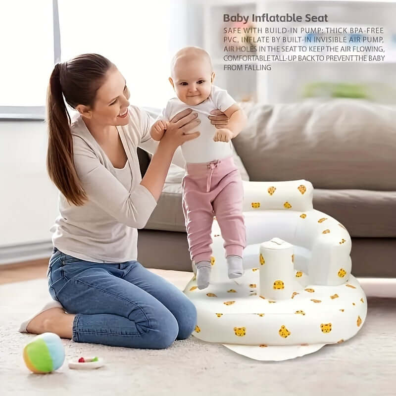 Mom helping baby stand in The Ultimate Learning Chair For Babies, a safe inflatable seat designed for 0-3 years old.