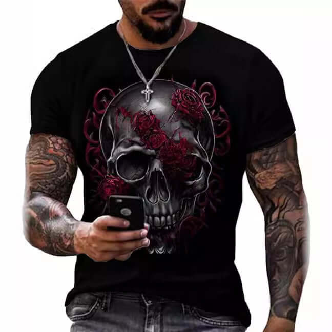Skull head graphic t-shirt featuring a detailed skull design with roses, perfect for casual wear.