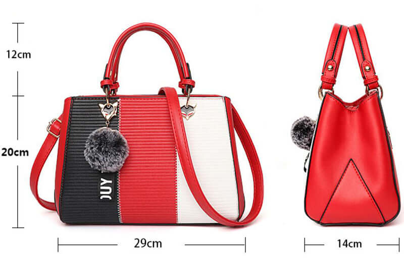 Patchwork women's shoulder bag featuring bold colors, unique design, and dimensions for daily use.