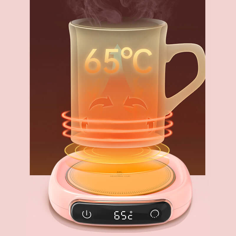 USB mug warmer coaster with steaming mug, displaying 65°C temperature, ideal for keeping drinks warm.