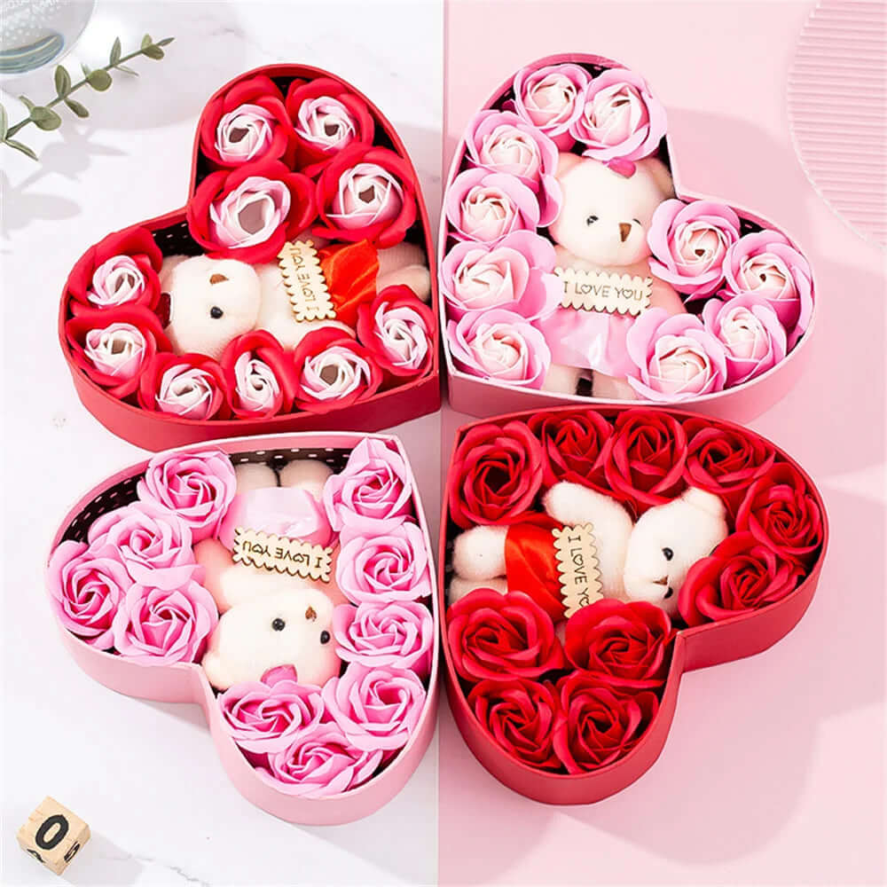 Romantic heart gift box featuring teddy bears and roses, perfect for special occasions like Valentine's Day.