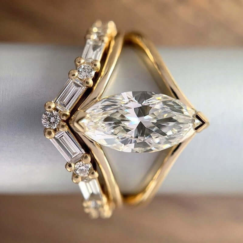 Women's Gold Zircon Geometric Ring Set – 2-Piece Marquise Cut Alloy Rings (Sizes 5–13) - All you Need
