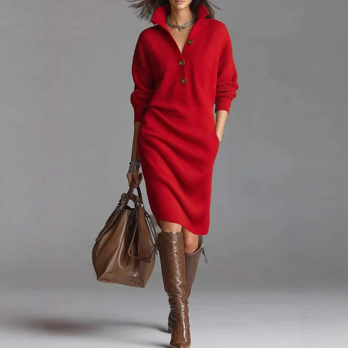 Cozy knit sweater dress in red with buttons, perfect for autumn and winter. Styled with tall boots and handbag.