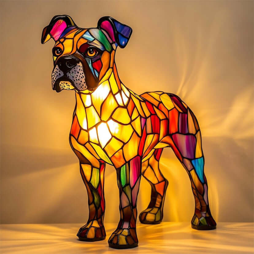 Cute dog lamp decoration in colorful stained glass design, providing a whimsical glow for home decor.