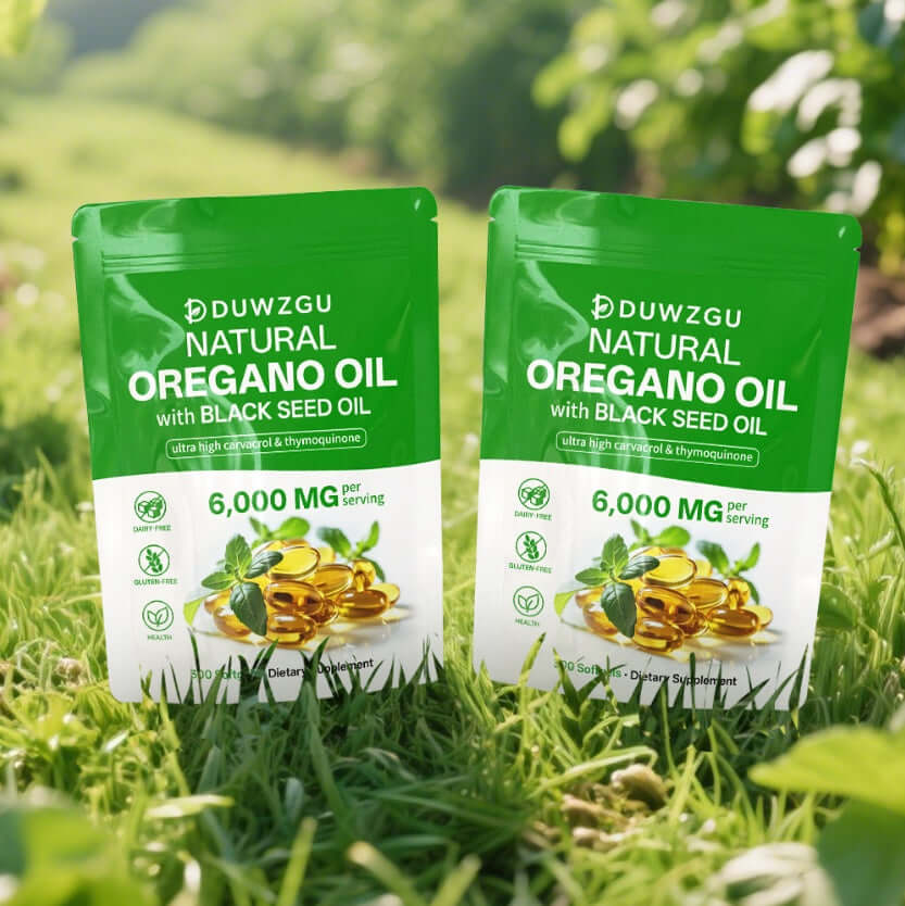 Natural Oregano Oil with Black Seed Oil 6000 MG per serving, dietary supplement for health and wellness.