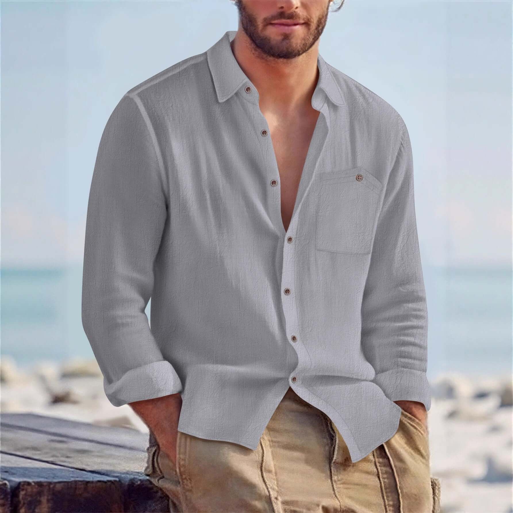 Men's Linen Blend Long-Sleeve Cardigan Shirt – Open Front in 7 Colours - All you Need