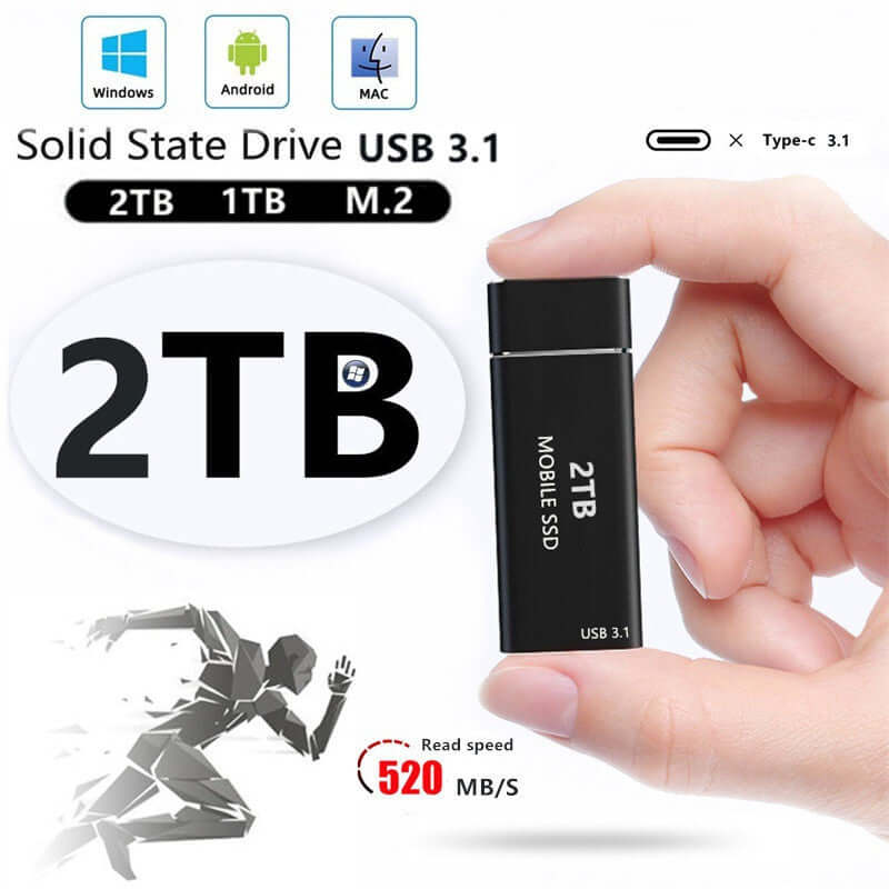 High-speed solid state drive USB 3.1 with 2TB storage and 520 MB/s read speed for PC and laptop.