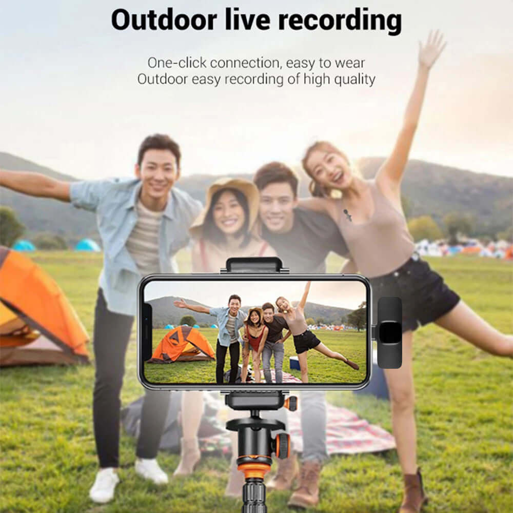 Group enjoying outdoor live recording with a smartphone and tripod for high-quality audio.