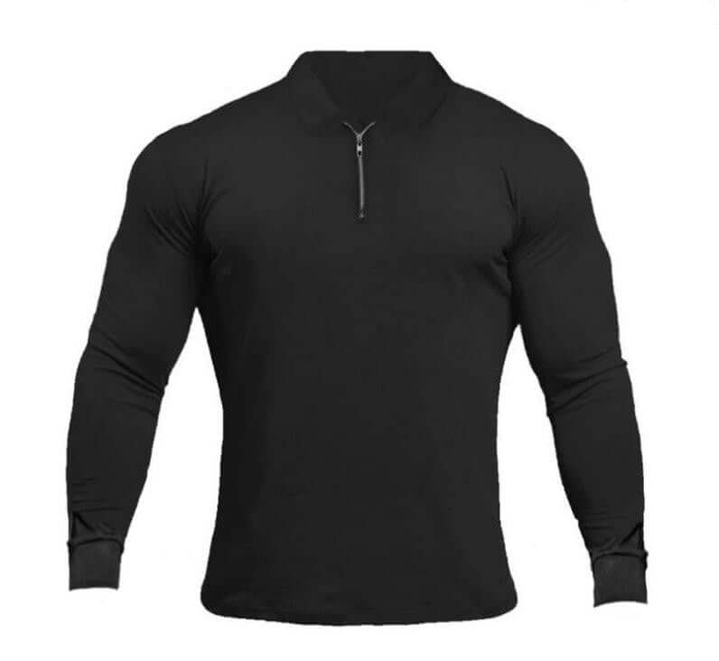 Mens longsleeve polo shirt in black with zipper and long sleeves, perfect for stylish casual wear.