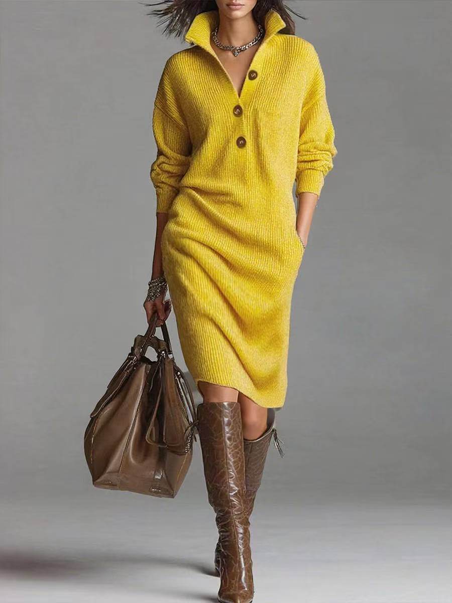 Cozy knit sweater dress in bright yellow, perfect for autumn and winter fashion with knee-high boots.