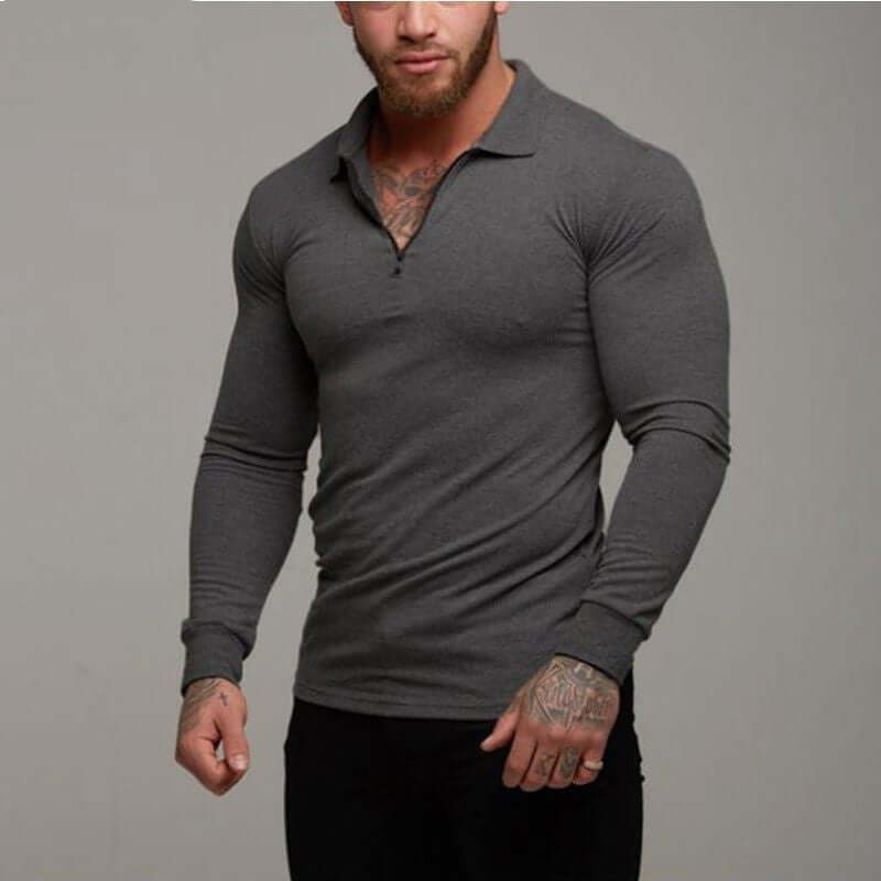 Mens longsleeve polo shirt in dark grey, slim fit with long sleeves and stylish collar.