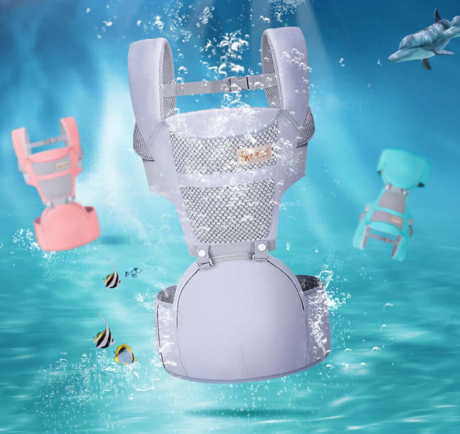 Ergonomic baby carrier with waist support submerged in water, showcasing multiple colors and styles for infants.