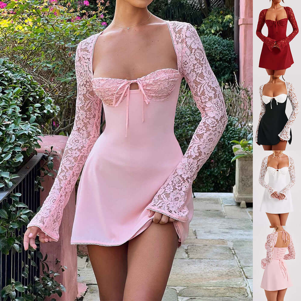Y2K lace bodycon corset top in pink with long lace sleeves, perfect for going out and parties.