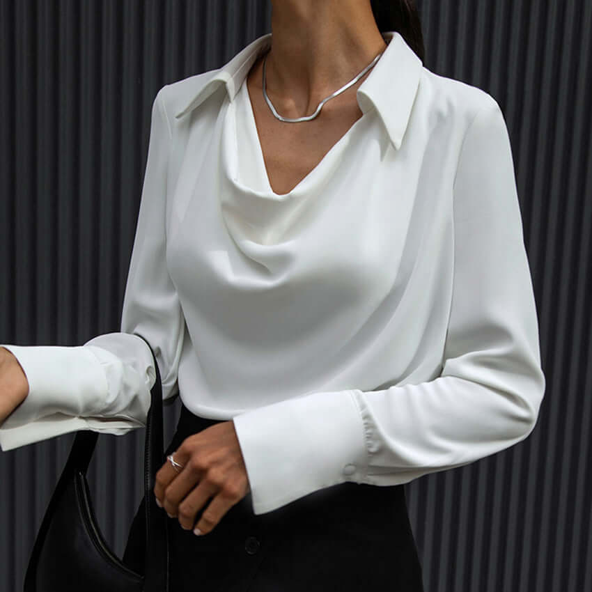 Men's long-sleeve fashion shirt in white, featuring a cowl neck design and clean lines for a stylish casual look.