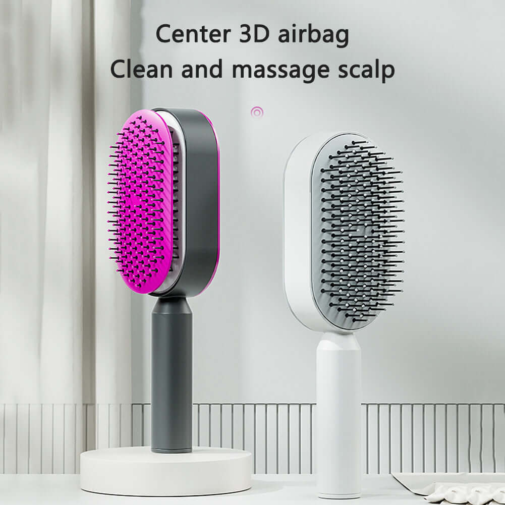 Self cleaning hairbrush with 3D airbag technology for scalp cleaning and massage.