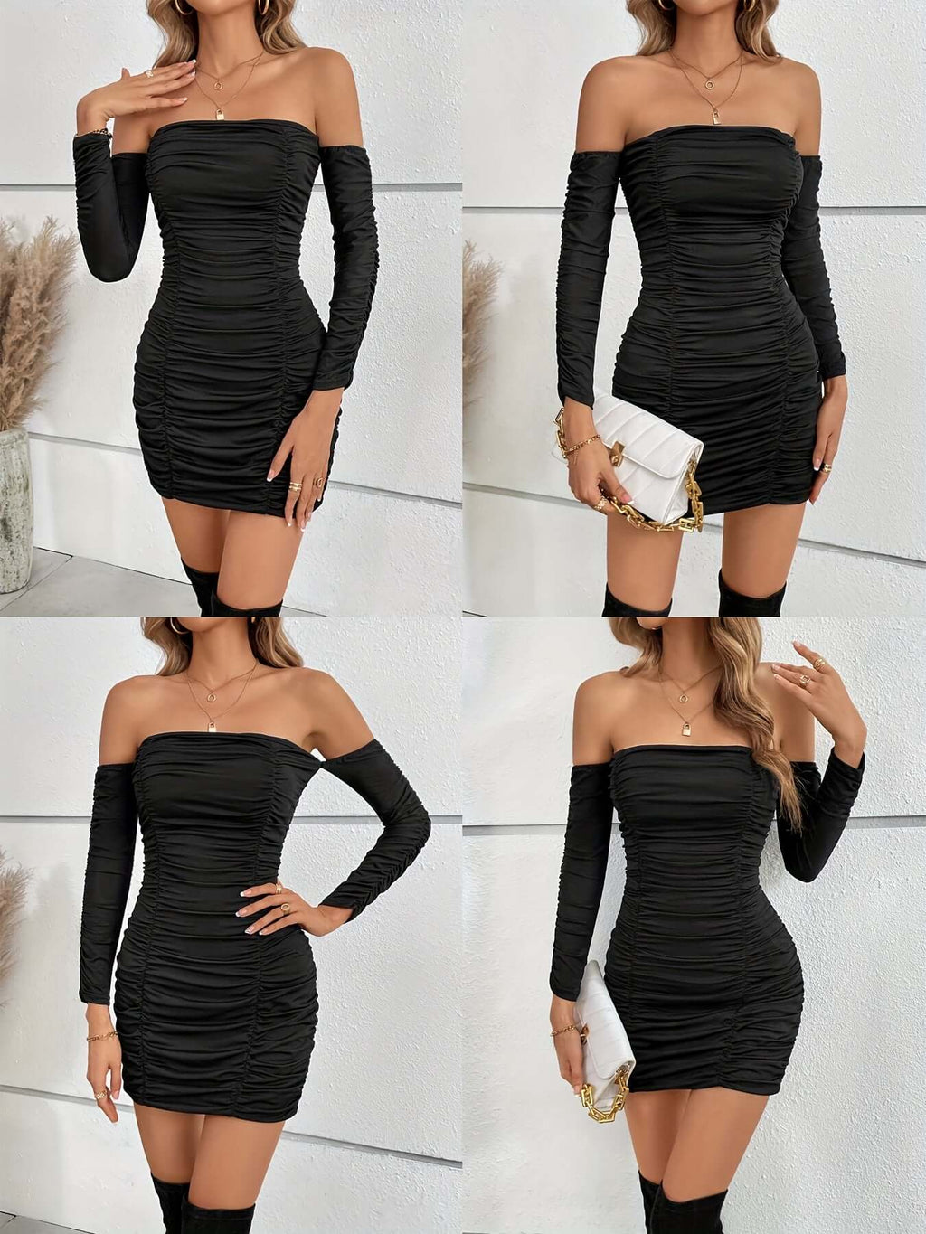 Solid Off Shoulder Long Sleeve Ruffled Dress - All you Need