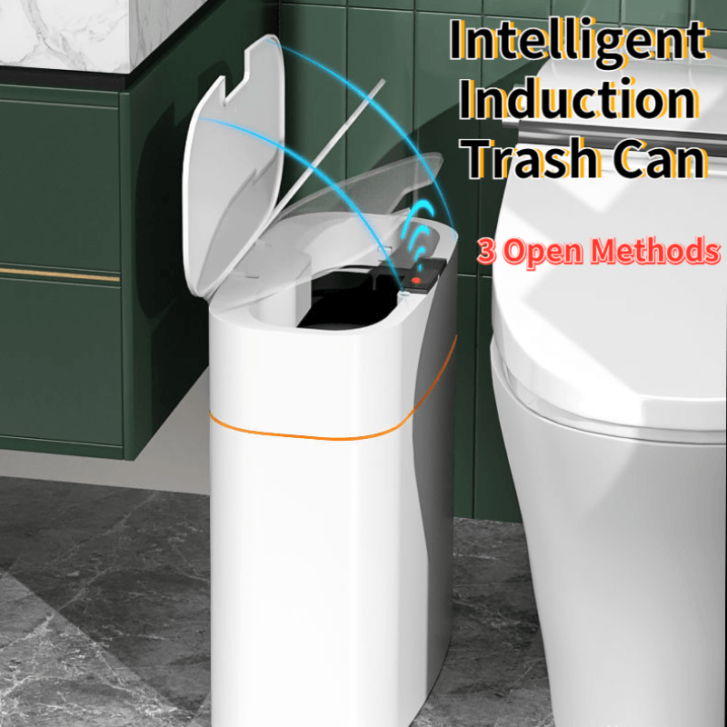 Smart motion sensor trash bin with intelligent induction and touchless auto-open feature, designed for modern convenience.