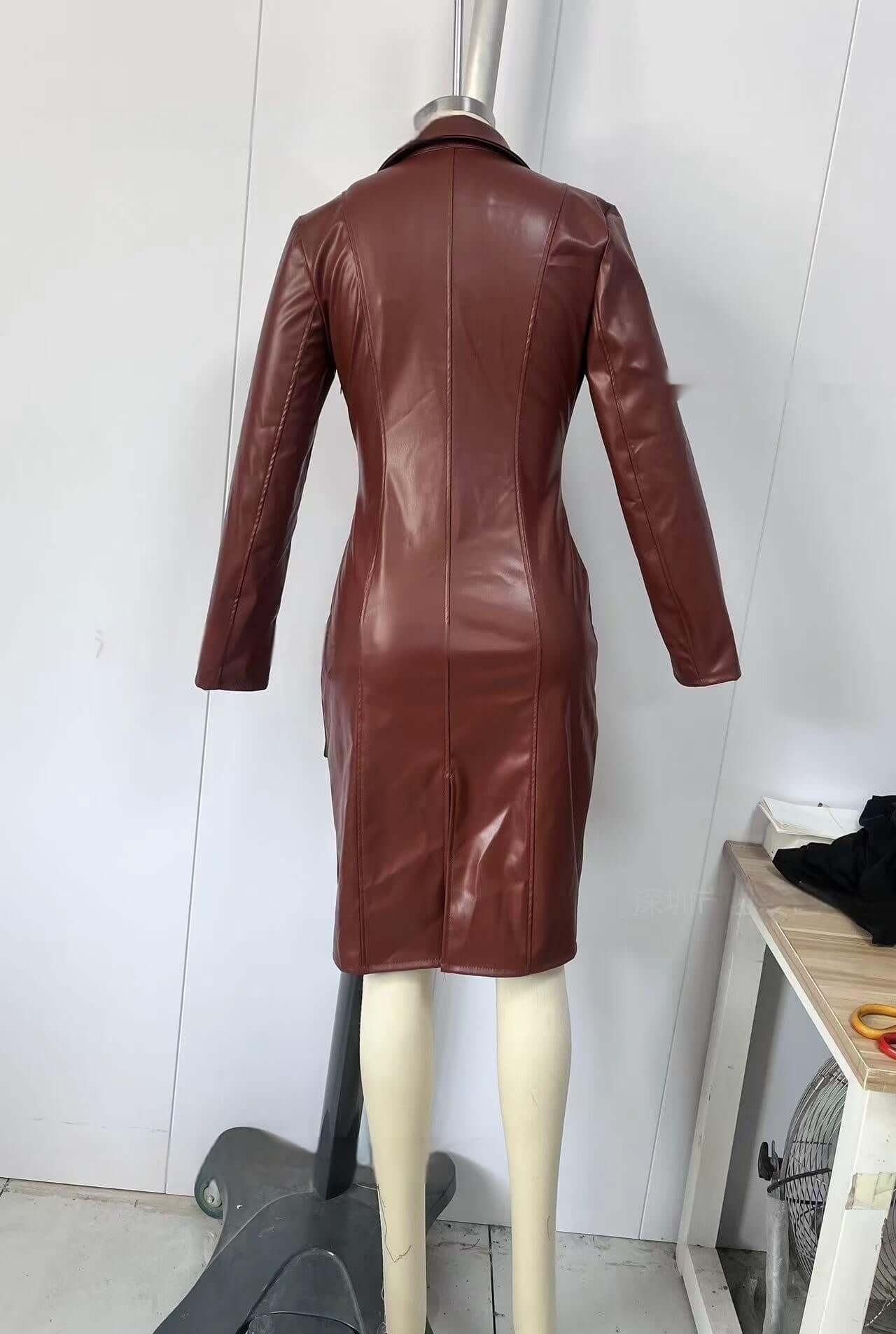 Back view of a red-brown PU leather coat dress showcasing long sleeves and a sleek design.