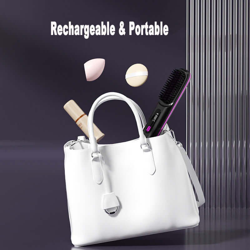 Cordless hair straightener brush and beauty products in a stylish white handbag, showcasing the rechargeable and portable design.